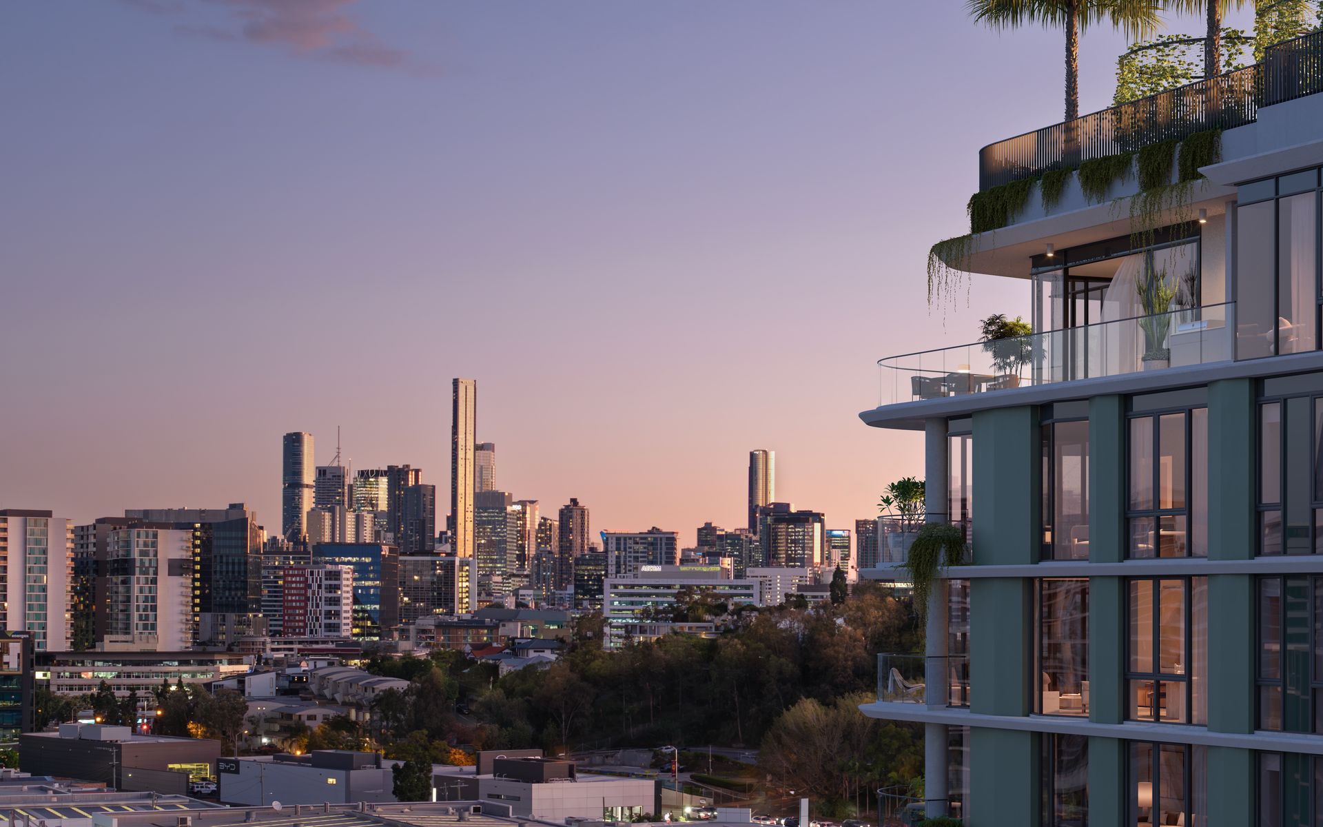 Architectural focus view from The Federal Residences towards the Brisbane skyline
