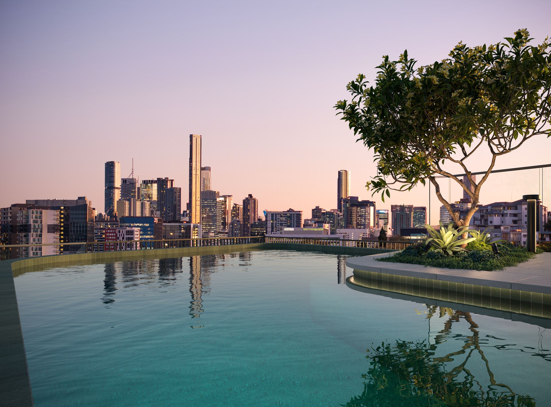 Rooftop pool terrace at The Federal Residences overlooking the Brisbane skyline at dusk